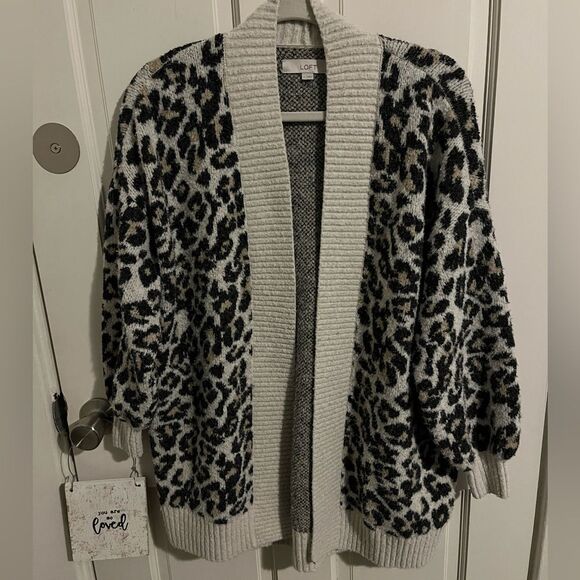 Loft Leopard Print Cardigan with Balloon Sleeves Wool Blend Size Small - Picture 2 of 8